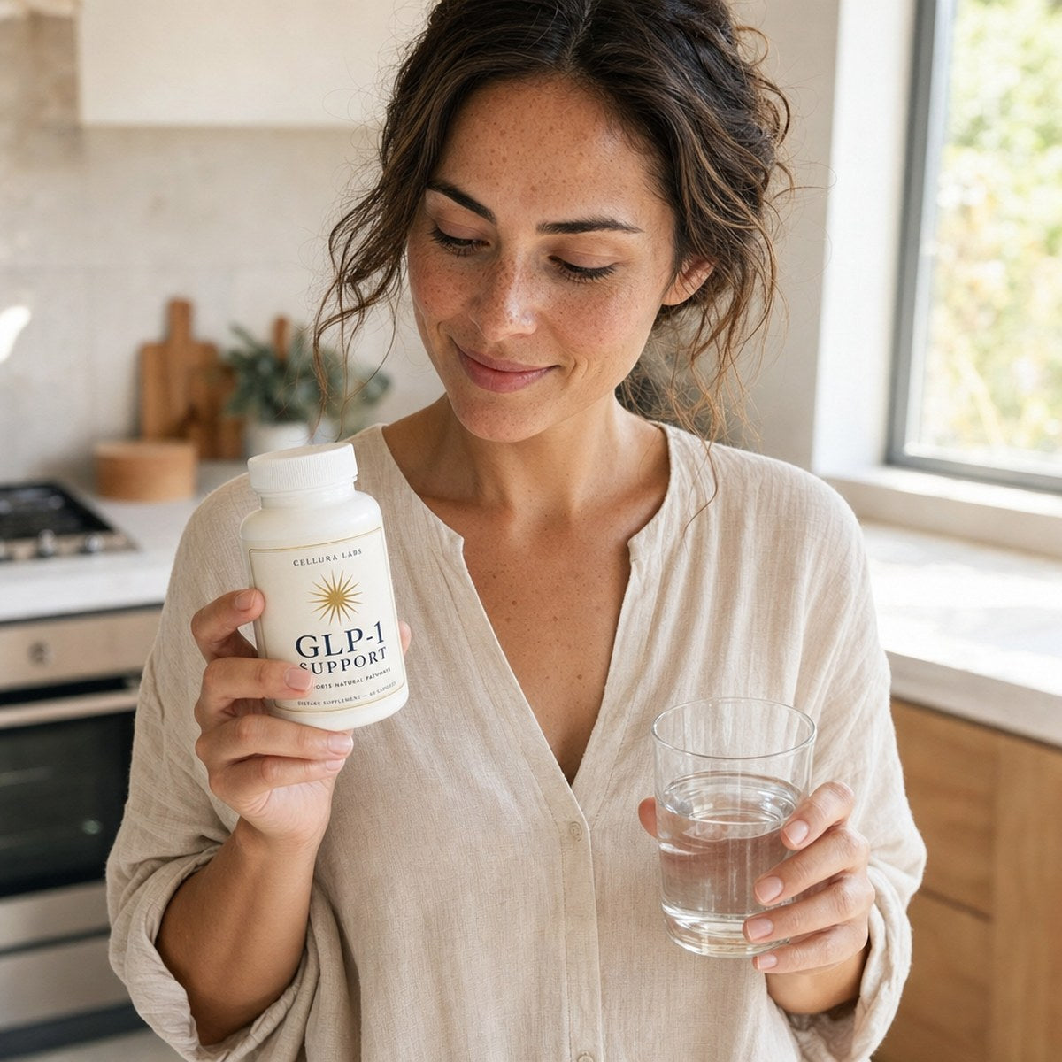 Woman in a bright kitchen holding Cellura GLP-1 Support